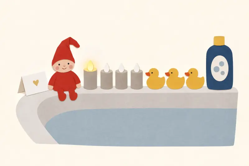Ett badkar med batteriljus och badankor på kanten, där en nisse sitter och dinglar med benen