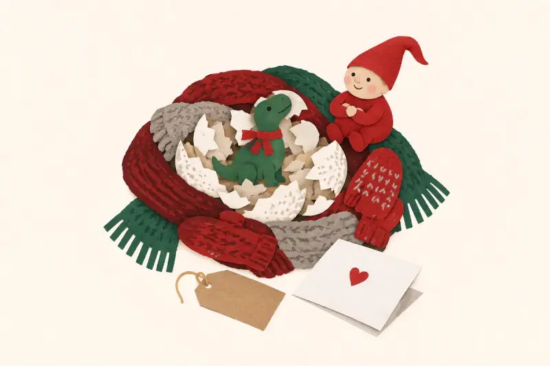 Ett bo med skalbitar där en liten dinosaurie med röd halsduk sitter bredvid en stolt nisse