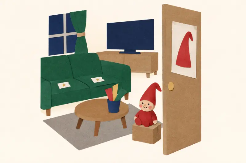 En dörr med en ritad filmaffisch, biljetter i soffan och en nisse som biljettkontrollant