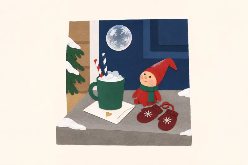 En mugg med såpvatten på trappan och en frostig bubbla i luften, där en nisse tittar upp