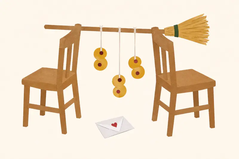 Två stolar med en kvast över ryggstöden och tre lussebullar som hänger i snören