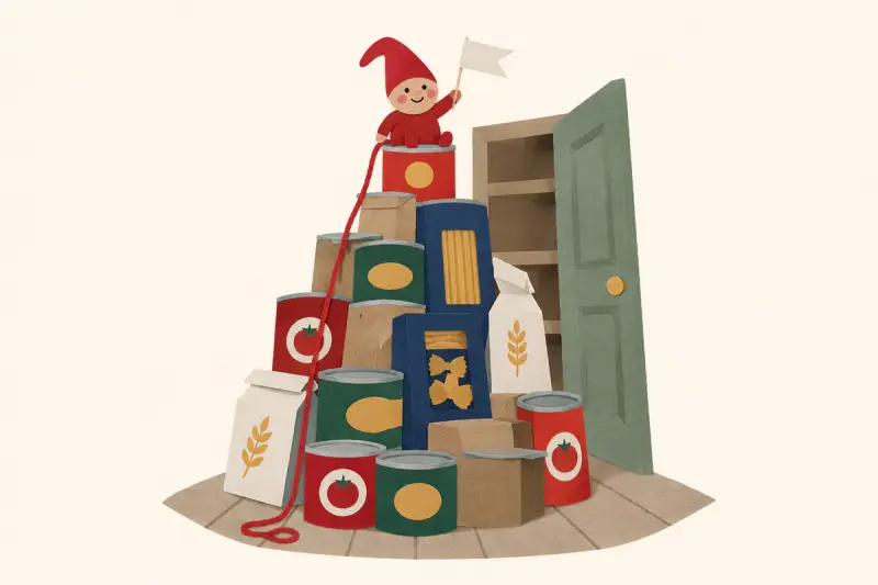 Ett berg av burkar och paket på köksgolvet med en liten nisse och en flagga på toppen