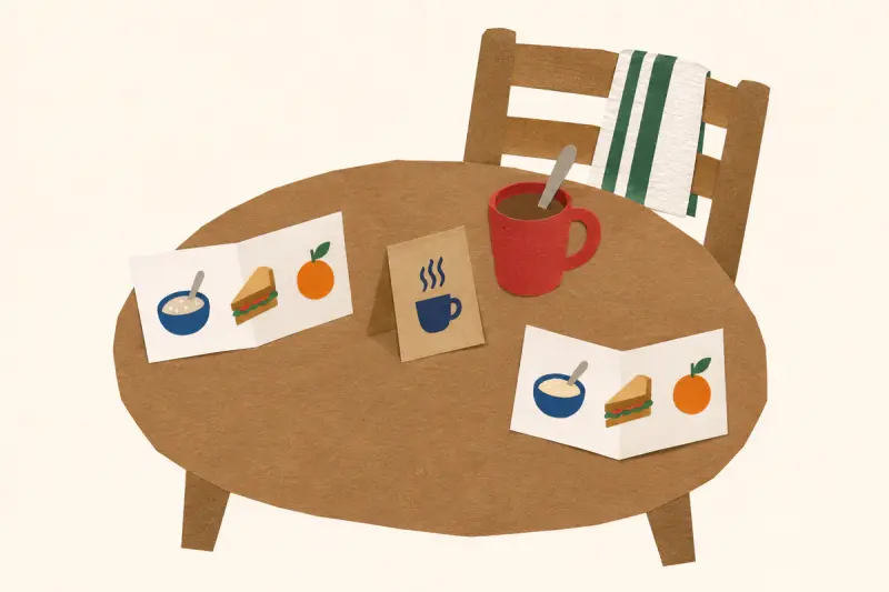Ett frukostbord med menyer i bilder, en liten skylt och en mugg med en sked att plinga med