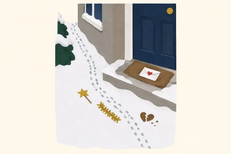 Små fotspår i två rader i snön utanför dörren, med en tappad stjärna, glitter och en trasig pepparkaka