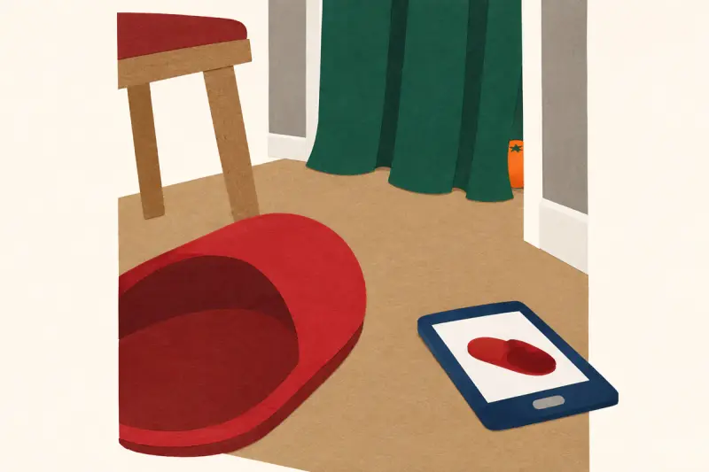 En hall sedd från golvet, med en jättestor toffel, en gardin och en mobil som visar vägen