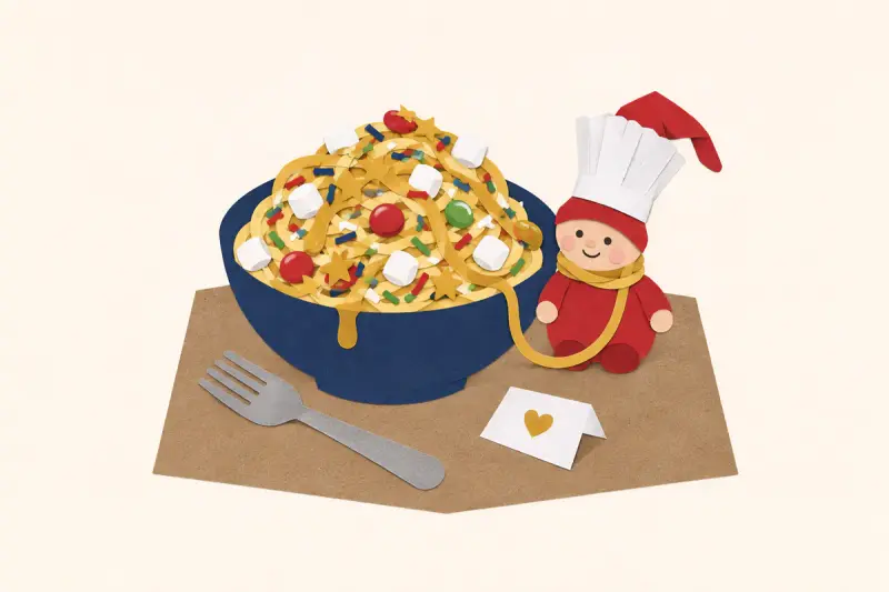 En skål spagetti med strössel och godis och en liten nisse med kockmössa av hushållspapper