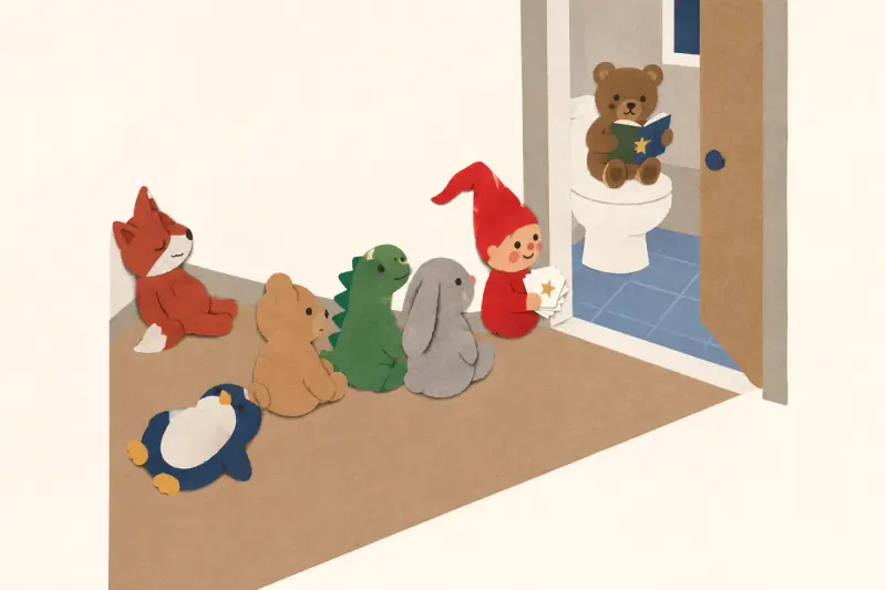 Gosedjur i en lång kö genom hallen och en nalle som sitter och läser på toalettlocket