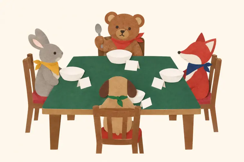 Ett frukostbord där gosedjuren sitter på stolarna med servetter runt halsen
