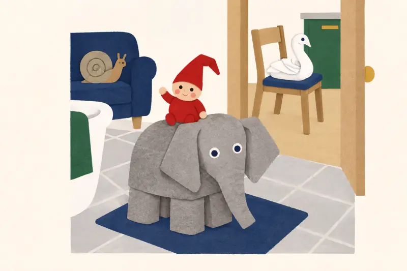 En elefant vikt av en handduk med en nisse på ryggen, och en handdukssvan i bakgrunden