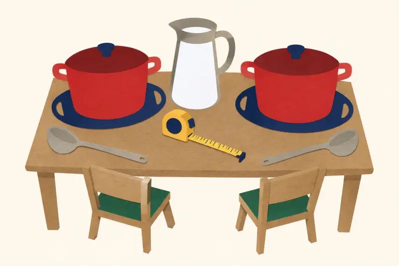 Ett frukostbord med kastruller som skålar, soppslevar som skedar och mjölk i en vattenkanna