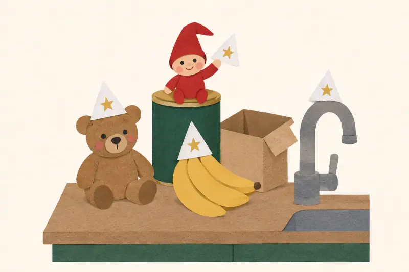 En nalle, bananer och en kran med strutar av kaffefilter, där en nisse sitter på kaffeburken
