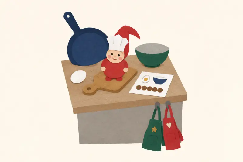 En nisse med kockmössa på en skärbräda bredvid ett ritat recept på köttbullar och två förkläden