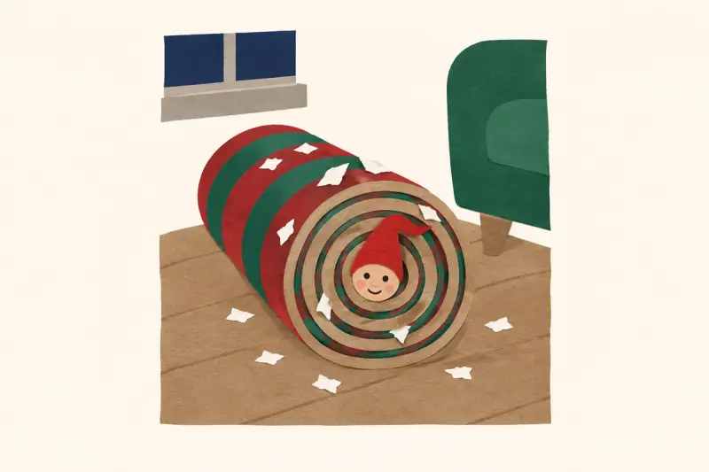 En hoprullad matta som ser ut som en jättestor kanelbulle med en liten nisse som tittar ut ur mitten