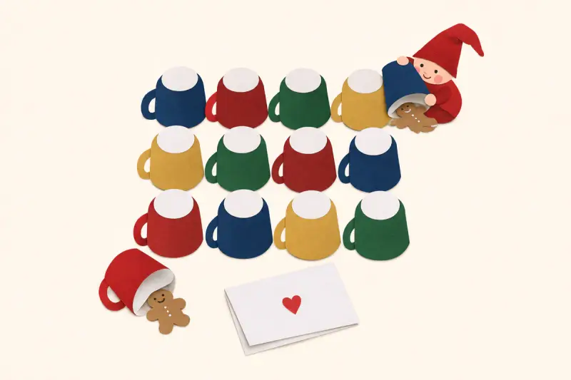 Muggar upp och ner på köksbordet, två lyfta med pepparkaksbitar under och en nisse som kikar