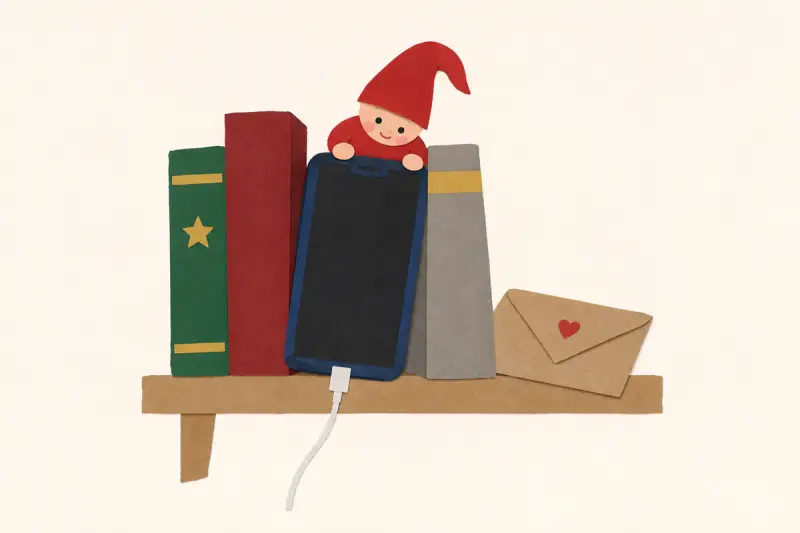 En mobil lutad mot en bok på hyllan och en nisse som sitter ovanpå och kikar ner på skärmen