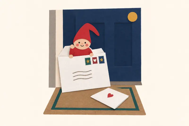 Ett stort kuvert med ritade frimärken vid ytterdörren, där en nisse sticker upp och vinkar