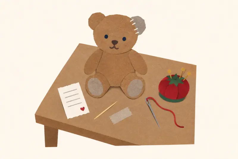 En nalle med ett nysytt öra, ett litet kvitto och pyttesmå verktyg på ett köksbord