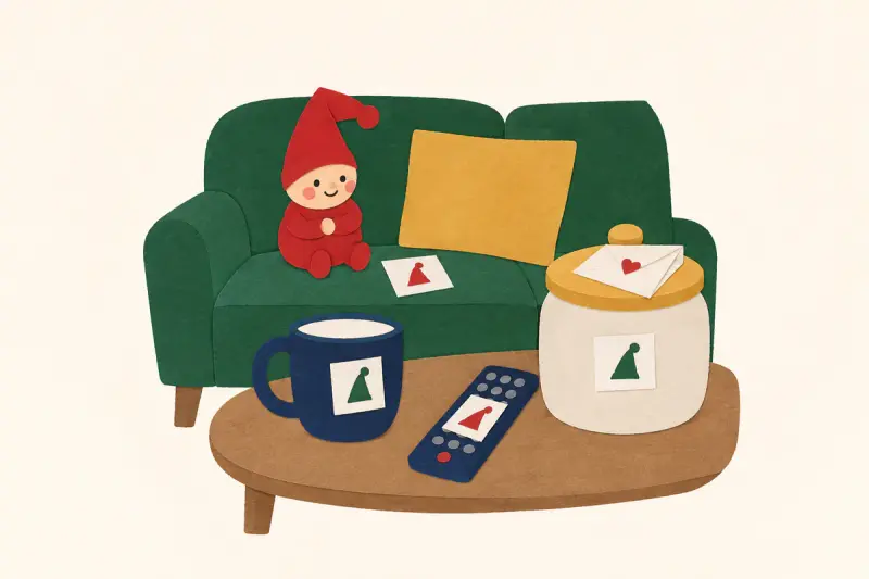 Lappar med en ritad luva på soffan, en mugg, fjärrkontrollen och kakburken, där en nisse sitter nöjd