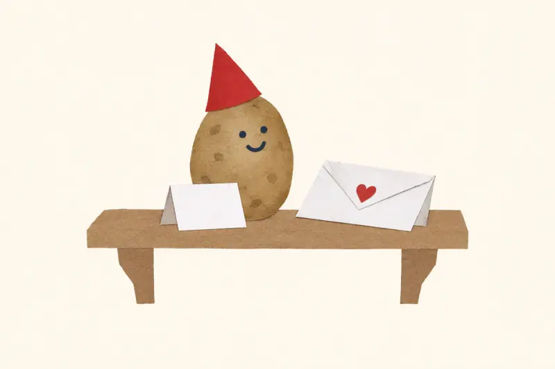 En potatis med röd pappersluva och ritade prickögon som sitter på nissens plats