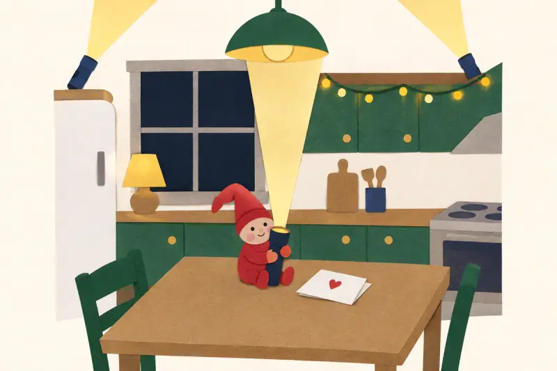 Ett kök där varenda lampa, ljusslinga och ficklampa lyser, med en nisse som kramar en ficklampa