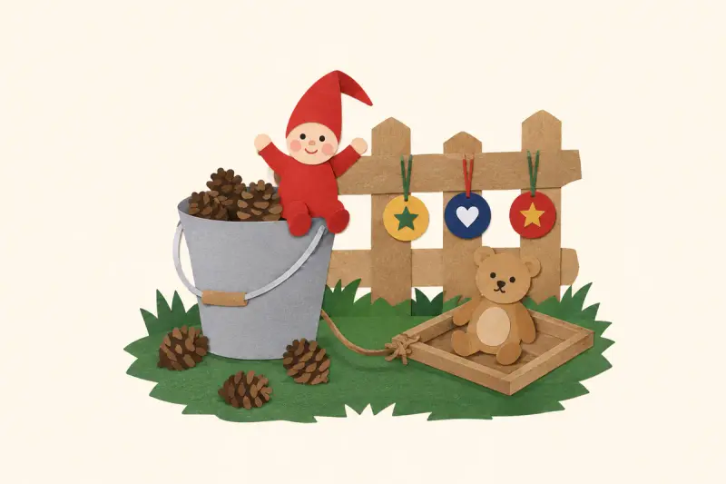 En hink med kottar, en nalle på en bricka och medaljer på staketet, där en nisse hejar