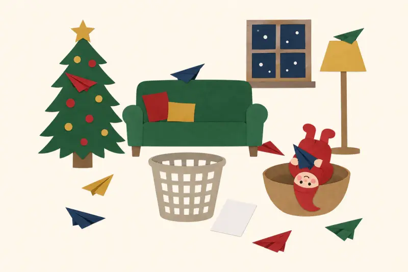 Ett vardagsrum fullt av pappersflygplan i granen och på lampan, och en nisse upp och ner i fruktskålen