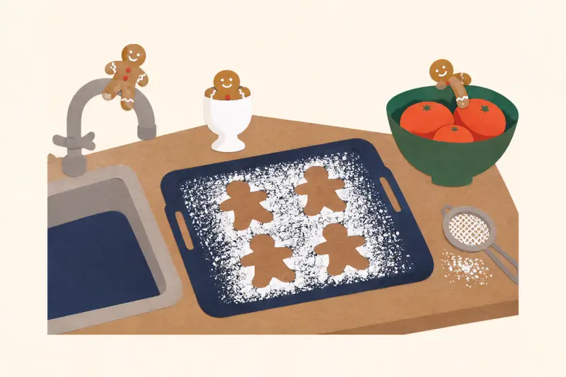 En bakplåt med vita konturer av pepparkaksgubbar som har rymt till kranen och fruktskålen