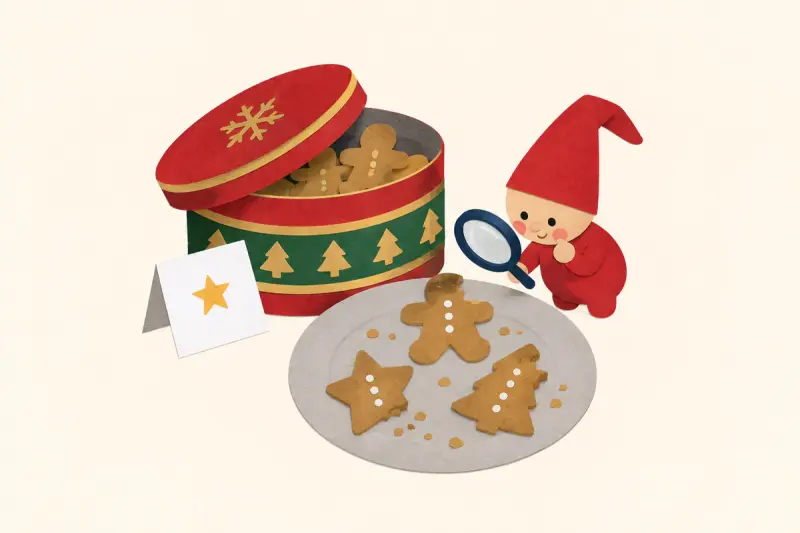 Tre pepparkakor med pyttesmå tuggmärken och en nisse som undersöker dem med förstoringsglas