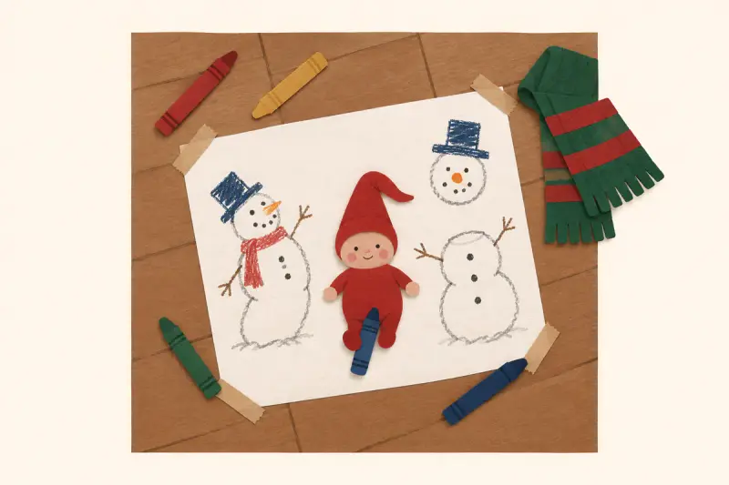 Ett stort papper med två tokiga snögubbar, där en nisse ligger på rygg med en krita mellan fötterna