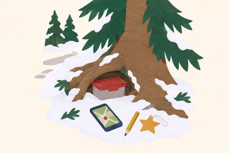 En liten skattburk vid roten av en gran i skogen, med en mobil som visar en karta