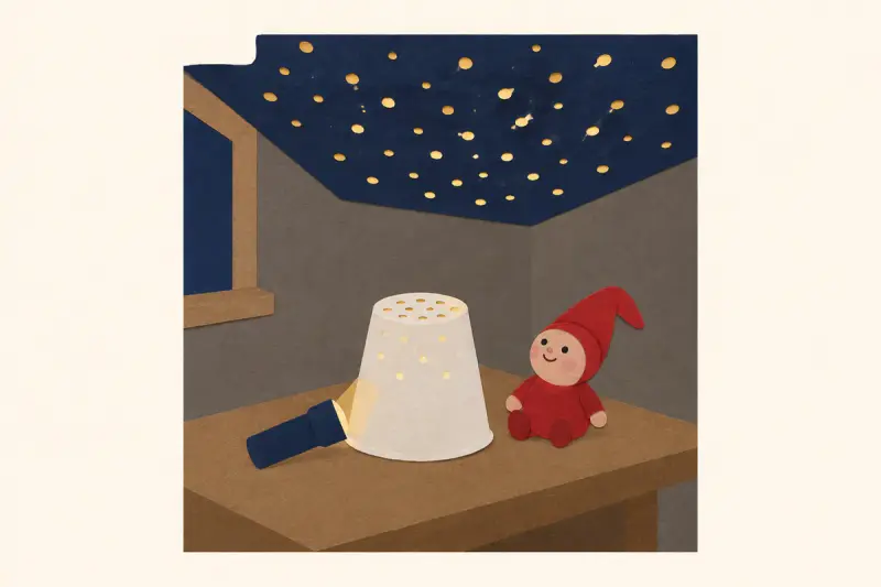 En pappmugg med hål och en ficklampa som gör stjärnor i taket, och en nisse som tittar upp