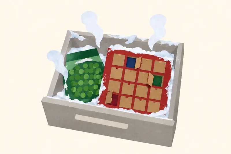 En frys där adventskalendern står bredvid de frysta ärtorna, täckt av lite frost